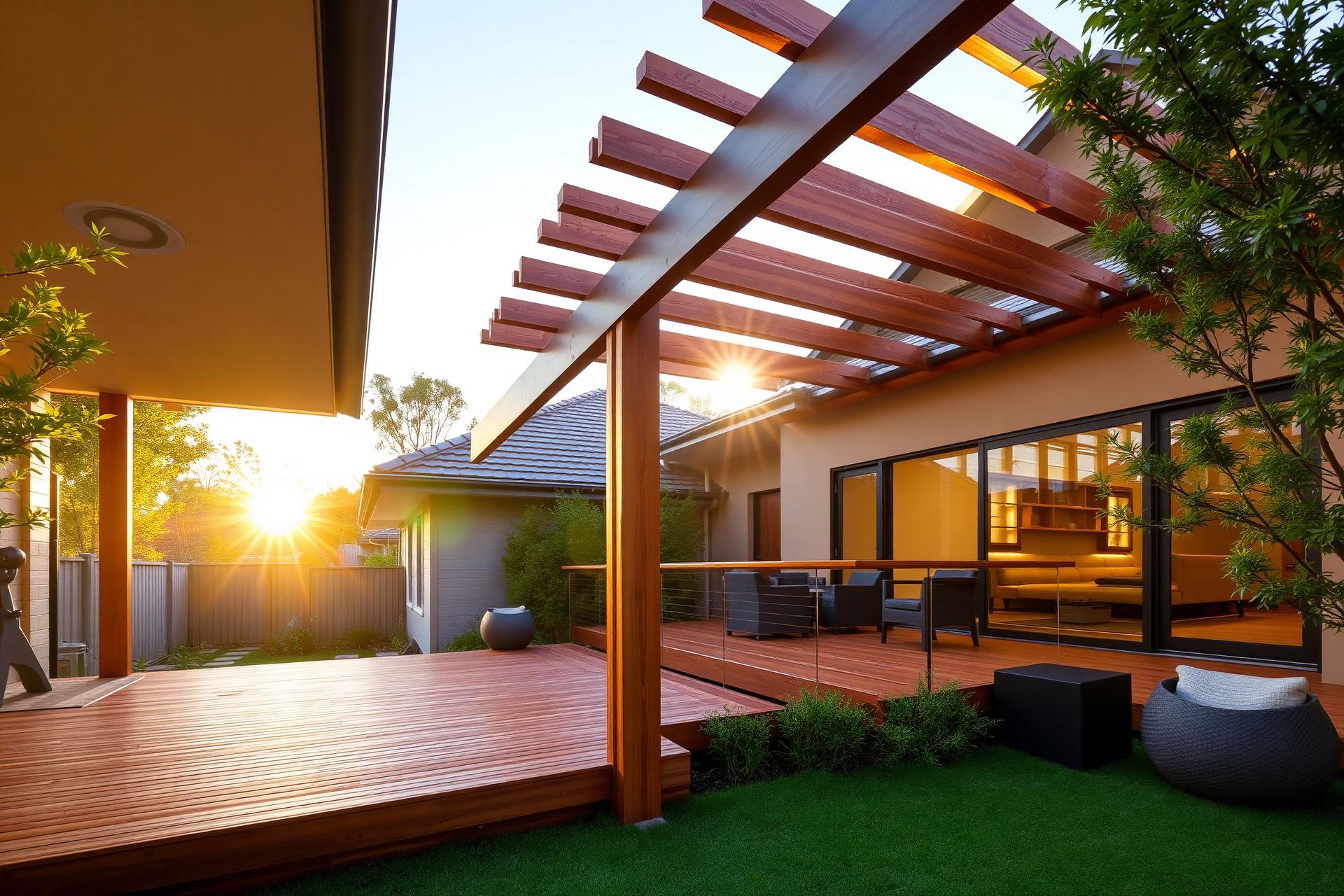 Modern timber pergola and hardwood deck built by All Round Trade Constructions